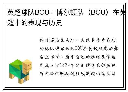 英超球队BOU：博尔顿队（BOU）在英超中的表现与历史