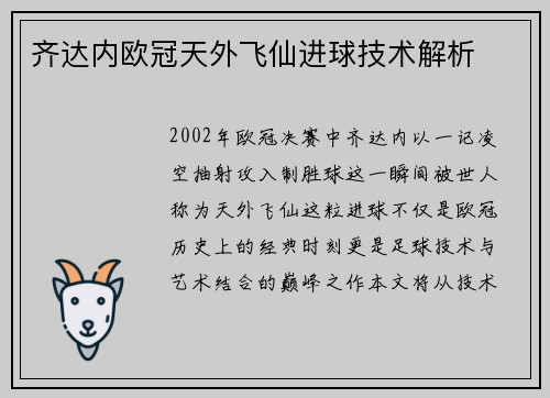 齐达内欧冠天外飞仙进球技术解析