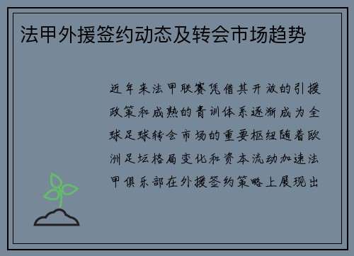 法甲外援签约动态及转会市场趋势